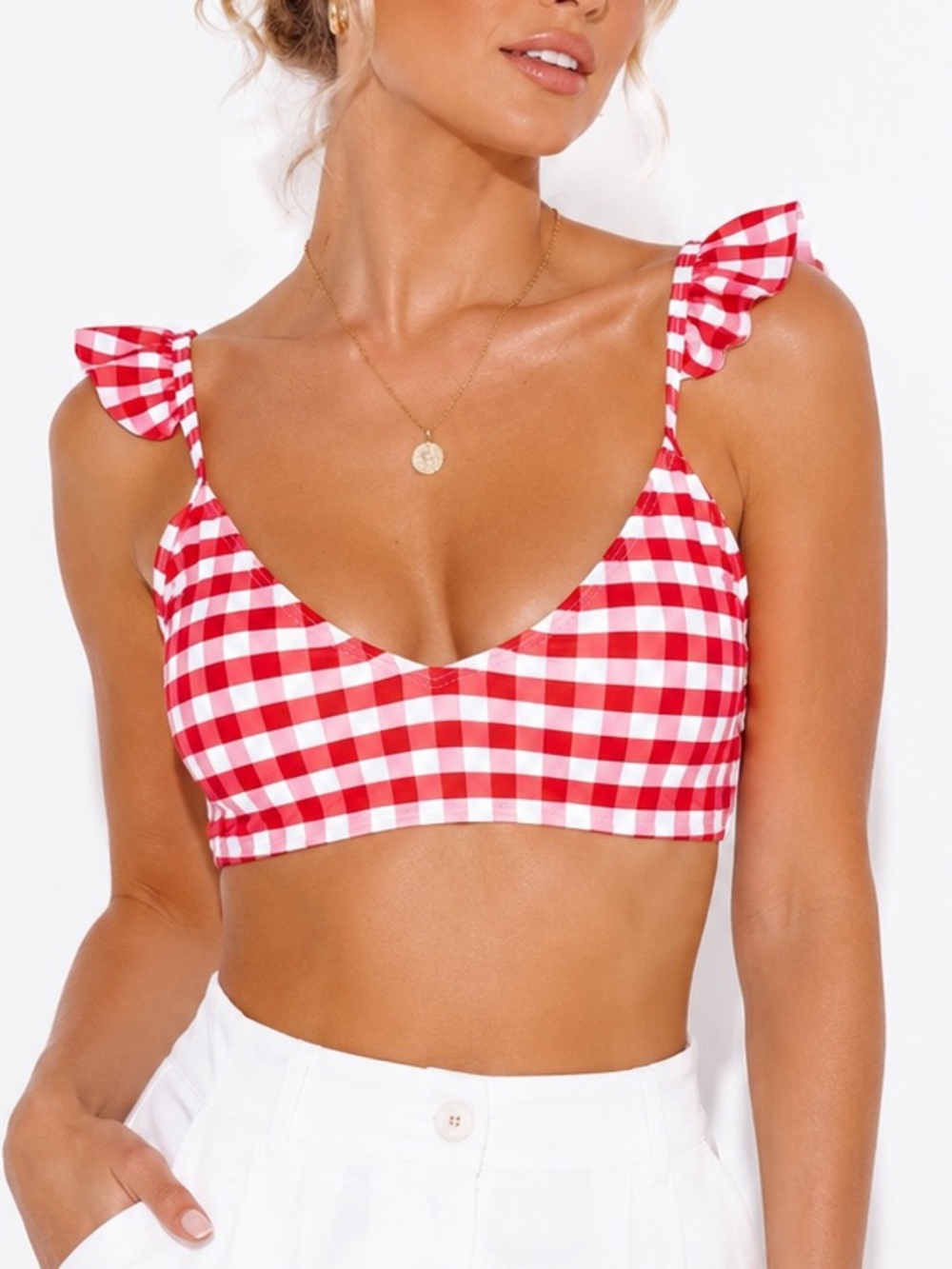 NWT Kingdom & State Red/White Gingham Rilee Ruffle Bikini Swim Top Size Large